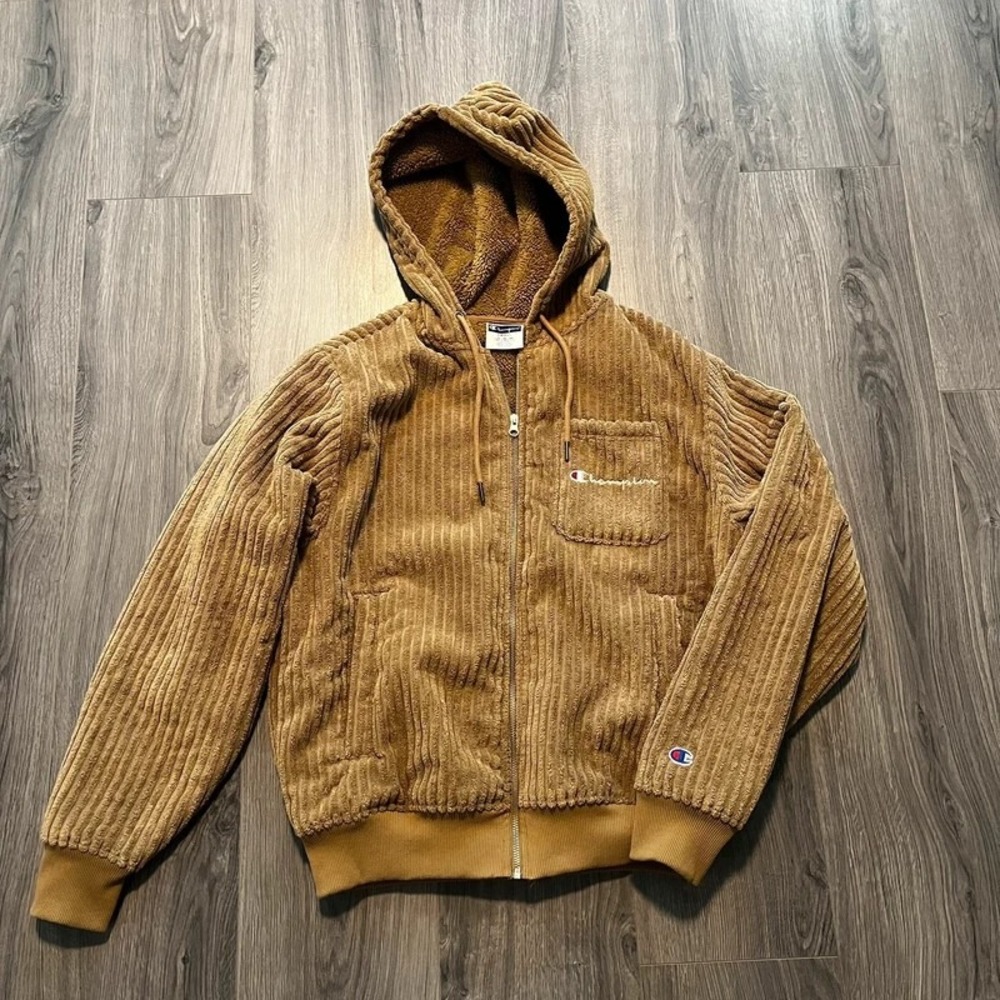 Champion Tan Corduroy Sherpa Lined Full Zip Hoodie Jacket Men's